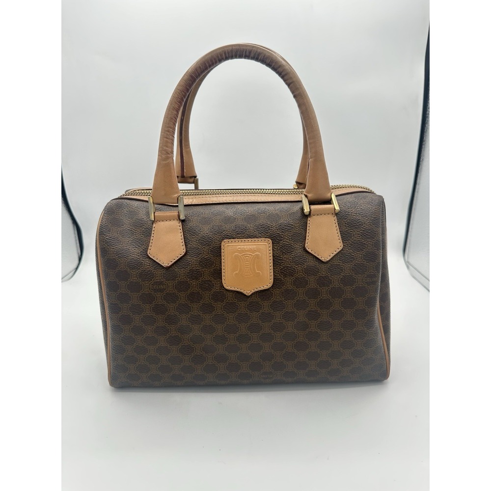 Vintage Celine Macadam Boston Bag Brown Leather Monogram Designer Purse Y2K